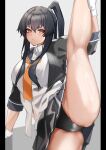  1girl belt black_belt black_hair black_panties black_sailor_collar black_skirt breasts gloves hair_between_eyes highres kantai_collection large_breasts long_hair looking_at_viewer neckerchief orange_neckerchief panties pleated_skirt red_eyes ribbon sailor_collar school_uniform shirt sidelocks skirt solo split standing standing_on_one_leg standing_split underwear very_long_hair white_gloves white_ribbon white_shirt yahagi_(kancolle) yahagi_kai_ni_(kancolle) z_(knkr1025) 
