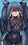 1girl absurdres accessories aqua_hair backless_bodysuit bare_shoulders black_bodysuit black_hair blue_hair bodysuit breasts cleavage clothing_cutout colored_inner_hair flower-shaped_hair folded_hair gloves goddess_of_victory:_nikke hair_intakes highres large_breasts leg_cutout little_mermaid_(nikke) long_hair looking_at_viewer multicolored_hair panatisia see-through_bodysuit see-through_cleavage see-through_clothes shiny_eyes solo twintails very_long_hair yellow_eyes 