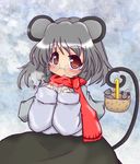  animal_ears bad_id bad_pixiv_id basket bespectacled blush coat cold glasses gradient gradient_background grey_hair highres looking_at_viewer mouse mouse_ears mouse_tail nazrin o_omune_(kagu8) red_eyes scarf short_hair skirt sleeves_past_wrists solo tail touhou 