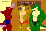 abs anthro back back_turned biceps blue_eyes bodybuilder bodybulder brown_hair brown_skin bulge claws competition dinosaur fangs flexing gay green_skin grey_eyes grin group hair horn jonathan_alexander looking_at_viewer male maxime-jeanne muscles pecs pink_skin pose red_skin reptile scales scalie skin smile speedo standing swimsuit theropod thomas_carter toned topless tyrannosaurus_rex yellow_skin 