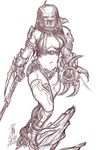  armor bad_id bad_pixiv_id breasts dated gloves high_heels kusagami_style medium_breasts monochrome monster_girl navel predator predator_(movie) shoes signature sketch solo thighhighs weapon white_background 