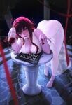 1girl absurdres alcohol barefoot bent_over blue_eyes blurry blurry_background breasts chess_piece chessboard cleavage closed_mouth crossed_bangs cup dress drinking_glass feet hair_between_eyes high_school_dxd highres holding holding_cup large_breasts legs limart long_hair looking_at_viewer red_hair red_wine rias_gremory see-through_clothes see-through_dress sleeveless sleeveless_dress smile solo stone_floor table toenails toes white_dress wine wine_glass 