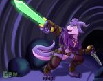 2025 absurd_res adventurer anthro arcane_trickster bottomless cavern claws clothed clothing colored digital_drawing_(artwork) digital_media_(artwork) digital_painting_(artwork) dual_wielding dungeons_and_dragons feet female geminart hasbro hi_res holding_object holding_weapon horn kobold leggings legwear magic_sword magic_user painting_(artwork) poncho poncho_only pose purple_body purple_scales rogue scales scalie short_sword solo tail talons toes tool_belt weapon wizards_of_the_coast worn_clothing wristband yellow_eyes