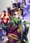  araki_hirohiko_(style) black_hair blue_eyes crow_broust fingerless_gloves gloves highres jojo_no_kimyou_na_bouken jojo_pose kuujou_joutarou male_focus md5_mismatch oda-niki parody pointing pose solo style_parody super_robot_wars super_robot_wars_z2 