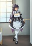  1girl absurdres apron bed black_dress black_ribbon blush breasts cleavage commentary commission crossed_legs curtsey detached_collar detached_sleeves dress embarrassed full_body hair_ribbon highres indoors kanzaki_kaori large_breasts long_hair long_sleeves maid maid_apron neck_ribbon ponytail ribbon roswaal_mansion_maid_uniform skirt_hold solo tatararashi thighhighs toaru_majutsu_no_index very_long_hair watson_cross white_apron white_ribbon white_thighhighs window 