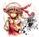  ascot blonde_hair character_name flandre_scarlet grin hat hat_ribbon red_eyes ribbon short_hair side_ponytail simple_background smile solo toma_(me666nm) touhou white_background wings work_in_progress 