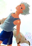  blue_eyes gouenji_shuuya inazuma_eleven inazuma_eleven_(series) kinokooooo male_focus smile soccer_uniform solo sportswear tank_top white_hair 