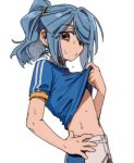  1boy blue_hair blue_shirt brown_eyes clothes_lift hair_over_one_eye hand_on_own_hip highres inazuma_eleven inazuma_eleven_(series) kazemaru_ichirouta lifting_own_clothes male_focus navel niniliuliu ponytail shirt shirt_lift shorts soccer_uniform solo sportswear sweat upper_body white_shorts 