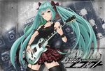  belt bracelet choker din_(raiden) electric_guitar green_eyes green_hair guitar hatsune_miku highres instrument jewelry les_paul long_hair plectrum ring skirt solo thighhighs twintails very_long_hair vocaloid 