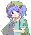  :o backpack bag blue_eyes blue_hair hair_bobbles hair_ornament hat hozumiare kawashiro_nitori one-piece_swimsuit school_swimsuit short_hair solo swimsuit swimsuit_under_clothes touhou two_side_up 