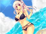  aki_(prdx85) bad_id bad_pixiv_id beach blush breasts day headphones large_breasts long_hair nitroplus open_mouth pink_hair red_eyes smile solo super_sonico watch 