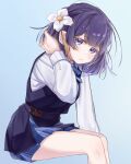  1girl bare_legs blue_overskirt blue_ribbon blue_skirt blue_vest blush commentary_request feet_out_of_frame flower gakuen_idolmaster hair_flower hair_ornament hataya_misuzu hatsuboshi_gakuen_school_uniform highres idolmaster invisible_chair komaki_(komaki0769) legs_together long_sleeves looking_at_viewer mole mole_under_mouth neck_ribbon purple_eyes purple_hair ribbon school_uniform shirt short_hair sitting skirt skirt_set solo tucking_hair vest white_shirt 