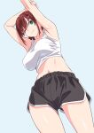  1girl armpits arms_up blue_background breasts brown_hair chinatsu_(suzutsuki_kurara) collarbone commentary cowboy_shot crotch green_eyes hair_between_eyes hair_ornament hairpin highres large_breasts navel one_eye_closed original shorts sidelocks simple_background suzutsuki_kurara thigh_gap upper_body 