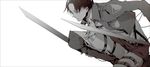  anbiento belt black_hair boots dual_wielding emblem highres holding jacket levi_(shingeki_no_kyojin) male_focus monochrome paradis_military_uniform shingeki_no_kyojin solo survey_corps_(emblem) sword thigh_strap three-dimensional_maneuver_gear weapon 