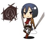  1girl belt black_hair boots dual_wielding eren_yeager holding jacket mikasa_ackerman paradis_military_uniform reikoitou scarf shingeki_no_kyojin short_hair sword thigh_strap three-dimensional_maneuver_gear weapon 