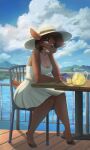 absurd_res anthro ardail balcony beverage blue_eyes breasts brown_body brown_clothing brown_fur brown_hat brown_headwear chair clothed clothed_anthro clothed_female clothing cloud cloven_hooves container cup deer dress drinking_glass female fully_clothed fully_clothed_anthro fully_clothed_female fur furniture glass glass_container glass_cup hat headgear headwear hi_res hooves lake lemonade mammal mountain on_chair scenery sitting sitting_on_chair sky solo sun_hat sundress table