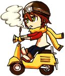  brown_hair chibi cigarette copyright_request green_eyes ground_vehicle ico_(green_bullet) motor_vehicle scarf scooter short_hair simple_background smoking solo white_background 