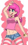  blue_eyes bracelet curly_hair denim denim_shorts flcl-prinny jewelry long_hair midriff my_little_pony my_little_pony_friendship_is_magic necklace personification pink_hair pinkie_pie shorts signature smile solo striped striped_legwear tattoo thighhighs waving 