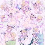  1boy 1girl 1other animal_print bar_censor bell bikini blonde_hair blue_eyes blush breastfeeding breasts censored collar couple cow_girl cow_print cow_print_bikini diego_brando father_and_child genderswap genderswap_(mtf) green_pants green_shirt hetero highres impregnation johnny_joestar jojo_no_kimyou_na_bouken large_breasts mother_and_child nipples one_eye_closed pants pregnant print_bikini sex shirt steel_ball_run swimsuit translated vaginal yuki_jj 