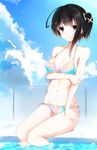  bad_id bad_pixiv_id bikini black_hair breast_hold breasts cleavage cloud day fence frown haori_iori highres looking_at_viewer medium_breasts navel original outdoors pool poolside red_eyes short_hair side-tie_bikini side_ponytail sitting sky soaking_feet solo strap_gap swimsuit water 