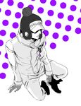  1boy character_name color_background earflap_hat hat hat_pompom heart_pirates ibumomo823 jolly_roger jumpsuit male male_focus monochrome one_piece penguin_(one_piece) pirate pixiv_manga_sample polka_dot polka_dot_background sitting solo 