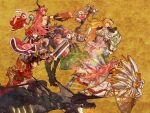 1boy 3girls ahoge arm_armor armlet armor bare_shoulders belt black_belt black_boots black_dragon black_gloves black_hair black_horns black_pants blonde_hair boots breasts character_request cleavage coat collared_coat commentary dragon dress dungeon_and_fighter english_commentary facial_hair fake_horns fingerless_gloves flower forehead_protector frilled_skirt frills from_side full_body glasses gloves gold_armor green_boots green_eyes green_pants green_skirt hair_ornament hammer helmet highres holding holding_hammer holding_polearm holding_shield holding_sword holding_weapon horned_helmet horns jewelry large_breasts long_hair looking_to_the_side medium_hair multiple_girls mustache open_mouth pants parted_lips pink_hair polearm red_coat red_eyes riding shield shoulder_armor sideboob skirt star-shaped_pupils star_(symbol) sword symbol-shaped_pupils teeth upper_body ven0305 weapon white_armor white_dress yellow_background 