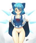  alternate_breast_size blue_eyes blue_hair blush bow breasts cirno dress dress_lift greyface hair_bow heart ice ice_wings large_breasts no_panties older pubic_hair pussy short_hair smile solo thigh_gap touhou uncensored wings 