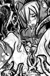  anus blush bottomless breasts cross cross_necklace eccma417 gaping greyscale hair_over_one_eye jewelry large_breasts long_hair monochrome necklace parasoul_(skullgirls) pussy restrained sketch skullgirls spread_legs tentacles 
