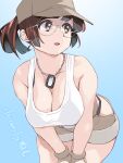  1girl artist_name bare_shoulders baseball_cap black_bra black_panties blue_background bra bra_visible_through_clothes breasts brown_eyes brown_gloves brown_hair brown_hat brown_shorts cleavage collarbone commentary_request coveredcore cowboy_shot dog_tags fio_germi glasses gloves gradient_background hat highres hip_vent large_breasts leaning_forward looking_to_the_side metal_slug no_vest panties panty_straps parted_lips ponytail rimless_eyewear round_eyewear short_shorts shorts solo standing tank_top underwear white_tank_top 
