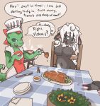 absurd_res amputee anthro blood bodily_fluids bovid cannibalism caprine cooked_food cooking_with_furs cutlery disability duo english_text female fork furniture hi_res hybrid kitchen_utensils knife lizard male male/female mammal meat_on_bone mewridan oskar_(2ndvoice) plate quadruple_amputee reptile scalie sheep table text tools vishous_(character) vore