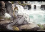 anthro belly big_belly black_paw bulge cmitchell dark_claws fur green_eyes hi_res long_tail male mammal mustelid musteline short_ears solo tail true_musteline vore waterfall weasel white_body white_fur