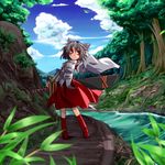  animal_ears blurry boots cloud day depth_of_field full_body grey_hair hemogurobin_a1c inubashiri_momiji nature river short_hair sideways_glance skirt sky solo sword touhou tree weapon wide_sleeves wind wolf_ears 