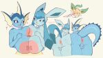 anthro anus areola big_breasts blue_body blush breast_play breasts butt eeveelution erection female generation_1_pokemon generation_4_pokemon genitals glaceon goldenyuusha hi_res leafeon looking_at_viewer male male/female mammal nintendo nipples nude penis pokemon pokemon_(species) presenting pussy sex smile tail titfuck vaporeon