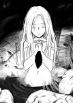  1girl absurdres arthropod_girl closed_eyes closed_mouth collarbone commentary dark_souls_(series) dark_souls_i english_commentary greyscale highres humanity_(dark_souls) long_hair lughost monochrome navel nude own_hands_clasped own_hands_together quelaag&#039;s_sister silk solo spider_girl spider_web 