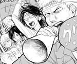  3boys armin_arlert bad_id bad_pixiv_id black_hair bread flag food freckles greyscale hachimaki headband jean_kirchstein long_hair monochrome multiple_boys multiple_girls open_mouth reiner_braun sasha_braus screaming shingeki_no_kyojin tears ymir_(shingeki_no_kyojin) yoshitaro_(almendra) 