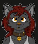 2025 ambiguous_gender anthro arm_tuft biped black_eyebrows black_lips black_text bust_portrait canid canine canis cheek_tuft clothed clothing collar collar_tag colored digital_drawing_(artwork) digital_media_(artwork) ear_piercing eyebrows facial_piercing facial_tuft female_(lore) front_view fur fur_tuft gold_ear_piercing gold_ear_ring gold_piercing grey_background grey_body grey_clothing grey_fur grey_inner_ear grey_inner_ear_fluff grey_piercing grey_shirt grey_topwear hair happy icon industrial_piercing inner_ear_fluff lennox lip_piercing lips long_hair looking_at_viewer maddie_(lennox) mammal monotone_body monotone_fur name_tag orange_eyes orange_nose piercing portrait raised_eyebrows red_hair shaded shirt shoulder_tuft simple_background sleeveless_shirt smile smiling_at_another smiling_at_viewer smug solo standing text topwear tuft wide_eyed wolf yellow_eyes yellow_nose yellow_piercing
