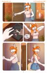 absurd_res anthro apartment athletic athletic_anthro blue_eyes breasts canid canine canis clothing comic domestic_dog elie-s_den english_text female hair hi_res husky linahusky mammal nordic_sled_dog orange_hair pajamas skinny solo spitz text under_boob white_body