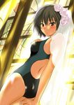  1girl amagami ass back black_eyes black_hair blush bridal_veil church competition_swimsuit flower hand_on_own_chest looking_at_viewer mosaic_art murasaki_iro nanasaki_ai one-piece_swimsuit short_hair solo stained_glass swimsuit veil 
