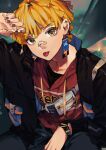  1boy :p absurdres agatsuma_zenitsu amo_(amo_0514) arm_on_thigh arm_up bandaid bandaid_on_face bandaid_on_nose between_legs black_jacket black_shirt blonde_hair blurry blurry_background character_name closed_mouth clothes_writing collarbone commentary_request copyright_name drawstring earrings fanny_pack feet_out_of_frame fingernails grey_pants hand_between_legs head_tilt highres hood hood_down hooded_sweater indoors jacket jewelry kimetsu_no_yaiba kishimen_hair long_sleeves looking_at_viewer male_focus nail_polish open_clothes open_jacket pants pocket red_nails red_sweater shirt short_hair sitting solo sweater thick_eyebrows tongue tongue_out turning_head watch white_bag wristwatch yellow_eyes 