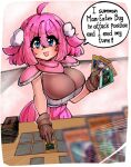  1girl armor ash_blossom_&amp;_joyous_spring blue_eyes breasts card cocoon_of_evolution cowboy_shot duel_(yu-gi-oh!) highres holding holding_card huge_breasts kashtira_fenrir man-eater_bug_(yu-gi-oh!) medium_hair motion_lines original pink_armor pink_hair pot_of_greed solo_focus speed_lines trading_card triggerdex yu-gi-oh! 