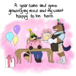 anthro apron balloon birthday black_ears black_feet black_hands black_nose brown_body brown_fur cake candle canid canine clothing dessert elubbb_(p_rindustries) equid equine eyebrows eyes_always_closed eyes_closed eyewear feet food frown fur glasses haiku_(poetry) hat headgear headwear horse inflatable male mammal p_rindustries p_rindustries_(p_rindustries) party_hat party_horn pink_background poetry raccoon_dog simple_background sitting smile standing tail tanuki thick_eyebrows whisker_spots white_feet