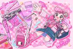  1girl agechan007 bag bag_charm baseball_cap blue_bag blue_skirt charm_(object) clover commentary_request confetti eraser four-leaf_clover handbag hat heelys heisei_retro highres holding jacket lanyard long_hair long_sleeves open_clothes open_jacket original pen pink_hair pink_hat pink_jacket pink_shirt pink_shoes pink_socks pink_theme rainbow ruler shirt shoes side_ponytail skirt socks solo stationery tamagotchi tamagotchi_(virtual_pet) tamagotchi_on translation_request walking 