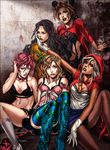  blonde_hair brown_hair dark_skin hood jojo_no_kimyou_na_bouken kuujou_jolyne kyokugei lucy_steel mariah midriff multiple_girls navel pink_hair school_uniform serafuku steel_ball_run trish_una white_hair yamagishi_yukako 