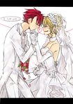  1girl beatrice blonde_hair bouquet bridal_veil closed_eyes couple detached_sleeves dress english flower gloves hair_bun hand_kiss heart heart_of_string hetero kiss letterboxed lovemaronmeru0827 red_hair tears tuxedo umineko_no_naku_koro_ni ushiromiya_battler veil wedding wedding_dress white_gloves 