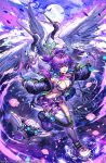  1girl bandaid bandaid_on_face beak bird black_bra black_gloves black_jacket blue_eyes blue_hair blue_jacket bra breasts cleavage commission feathers fingerless_gloves full_body gloves green_jacket high_ponytail highres jacket large_breasts long_hair melody_(projektmelody) miniskirt multicolored_hair multicolored_jacket ponytail purple_hair purple_skirt robot_girl sa-dui skirt solo_focus standing standing_on_liquid streaked_hair swan t0m_(projektmelody) talons underwear virtual_youtuber vshojo water_drop white_feathers 