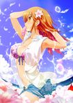  adjusting_hair akabane_iori armpits arms_up bikini bikini_top blush breasts cleavage cloud cutoffs day denim denim_shorts flower front-tie_top hair_flower hair_ornament hair_tie_in_mouth kyou_ami! large_breasts long_hair midriff mouth_hold navel open_clothes open_fly open_shirt orange_eyes orange_hair porurin profile red_hair scrunchie shiny shiny_skin shirt short_shorts shorts sky solo splashing swimsuit unzipped wading water 