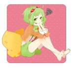  :t bad_id bad_pixiv_id barefoot chin_rest feet gagtoy goggles goggles_on_head green_eyes green_hair gumi highres megpoid_(vocaloid3) midriff nail_polish pillow polka_dot polka_dot_background pout short_hair sitting squiggle suspenders toenail_polish vocaloid 