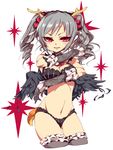  alabaster_(artist) antlers black_wings bra breasts cropped_legs deer_tail drill_hair elbow_gloves frilled_bra frilled_legwear frilled_panties frills gloves grey_hair highres horns idolmaster idolmaster_cinderella_girls kanzaki_ranko lace lace_gloves looking_at_viewer medium_breasts midriff navel panties parted_lips red_eyes ribbon sidelocks solo tail thighhighs thighs tsurime twin_drills twintails underwear white_background wings 
