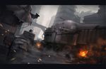  bad_pixiv_id city cloud cloudy_sky dutch_angle fire firing ground_vehicle gun highres hood letterboxed motor_vehicle original perspective prog_wang road ruins russian sign sky smoke stop_sign street truck weapon 