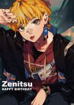  1boy :p absurdres agatsuma_zenitsu amo_(amo_0514) arm_on_thigh arm_up bandaid bandaid_on_face bandaid_on_nose between_legs black_jacket black_shirt blonde_hair blurry blurry_background character_name closed_mouth clothes_writing collarbone commentary_request copyright_name drawstring earrings fanny_pack feet_out_of_frame fingernails grey_pants hand_between_legs happy_birthday head_tilt highres hood hood_down hooded_sweater indoors jacket jewelry kimetsu_no_yaiba kishimen_hair long_sleeves looking_at_viewer male_focus nail_polish open_clothes open_jacket pants pocket red_nails red_sweater shirt short_hair sitting solo sweater thick_eyebrows tongue tongue_out turning_head watch white_bag wristwatch yellow_eyes 